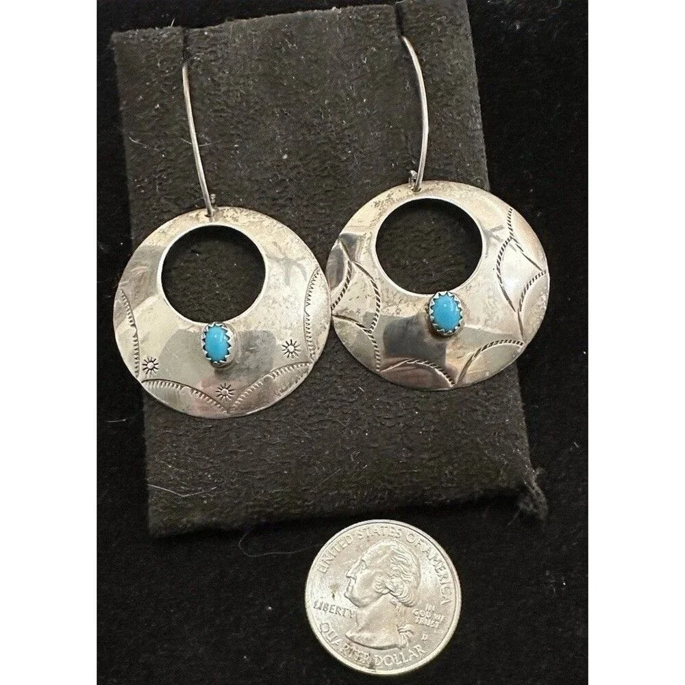 Vintage Southwest Hand Stamped Sterling Silver Concho Turquoise Earrings